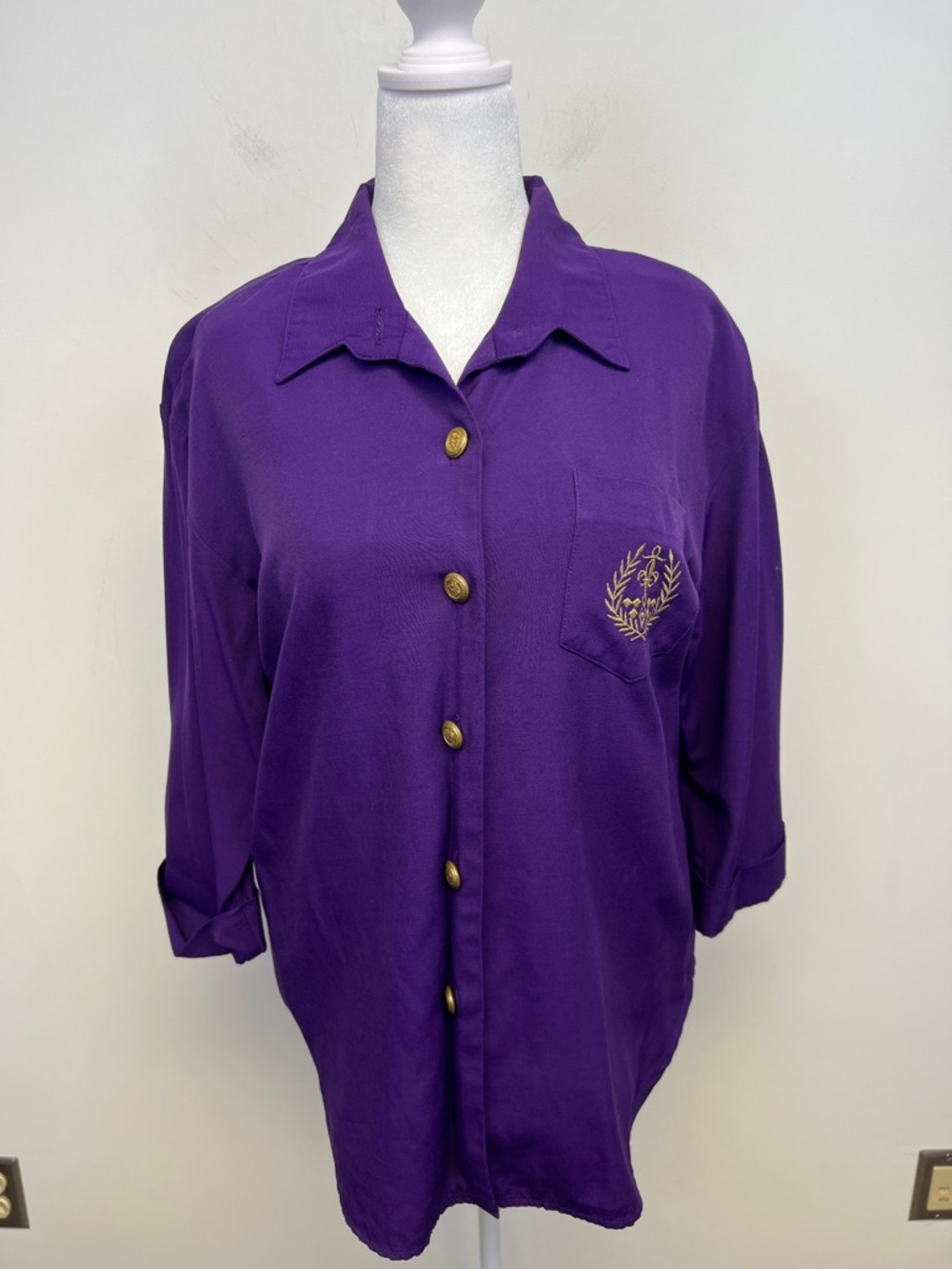 Bedford Fair Purple and Gold Women's Retro Blouse with Crest Pocket Size 12P